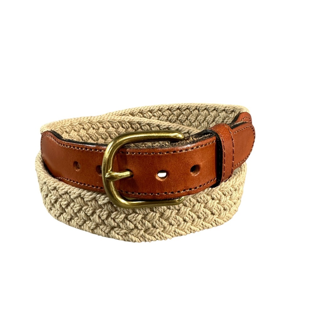 Leather Man Ltd Essex CT Braided Rope Belt Brown Leather Brass Buckle Size 30